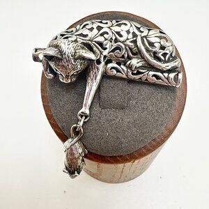 VTG Sterling Silver 925 Cat & Mouse Scroll Design Brooch Size 1.5" Length